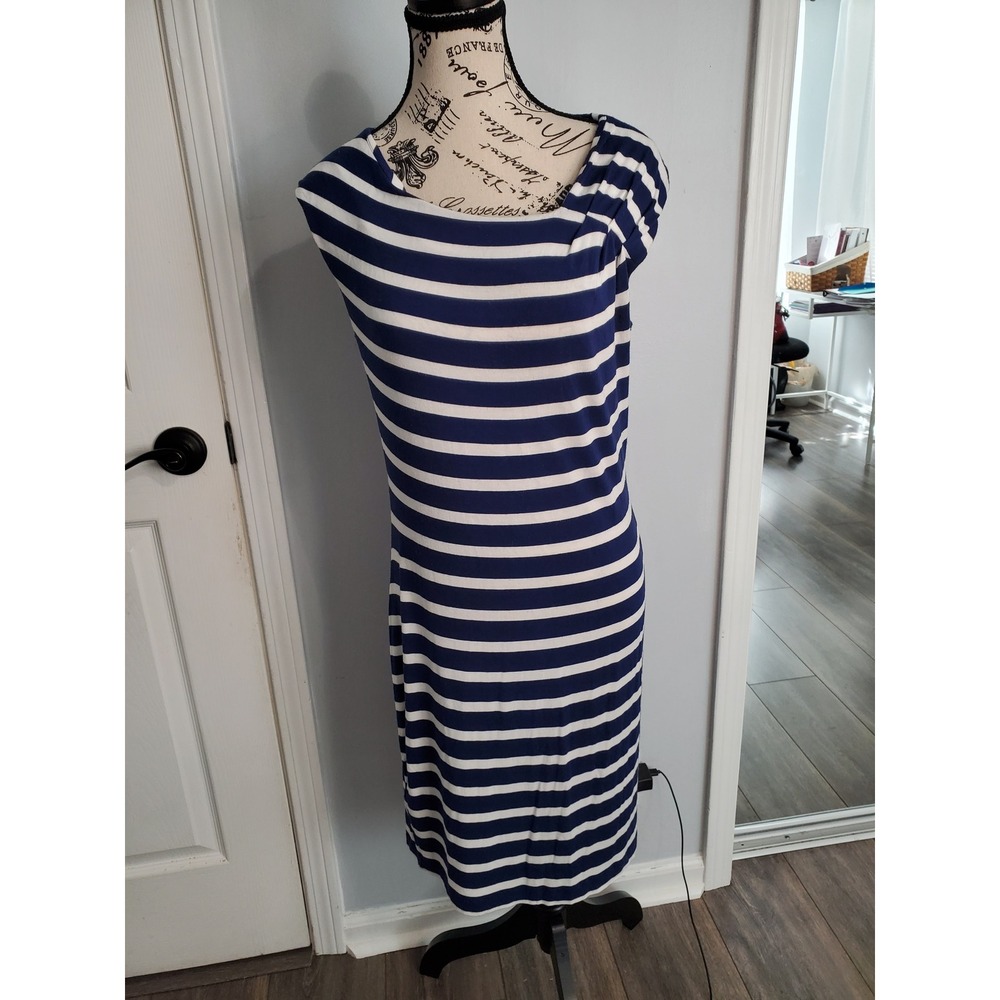 Calvin Klein Navy White Striped Sleeveless Pleated Shoulder Sheath Dress RN54163